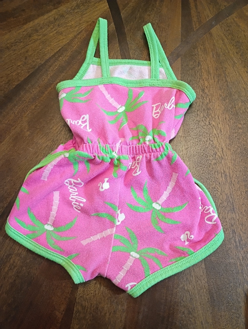 Barbie Infant Romper 12M Pink Palm Tree Tropical Outfit Green Trim Summer Baby - Picture 2 of 3